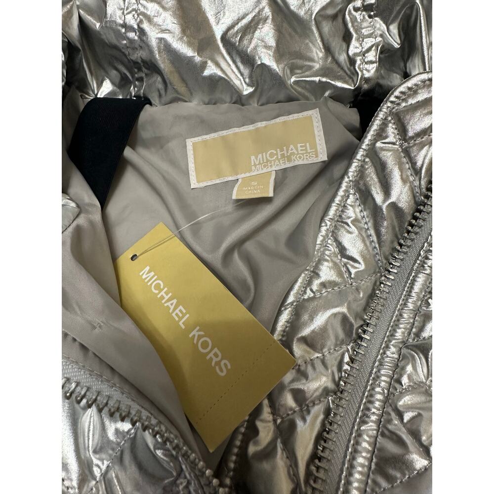 Michael Kors Silver Metallic Quilted Hooded Coat Jacket Small NWT Ciré Puffer - Picture 10 of 15